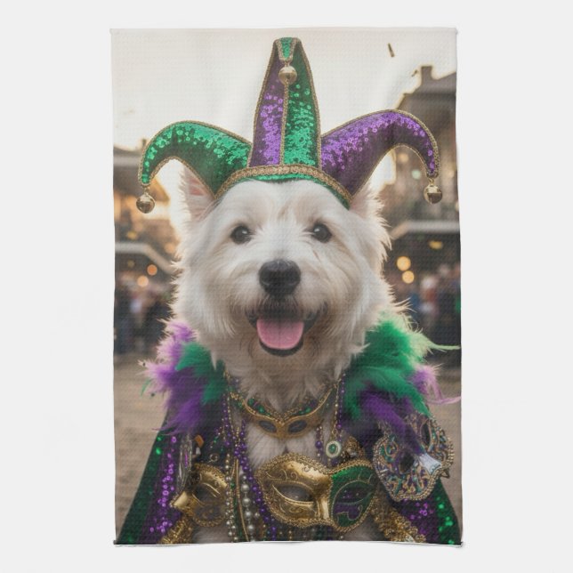 Mardi Gras Dog Jester Costume Tea Towel (Vertical)