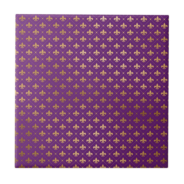 Mardi Gras Elegant Golden Fleur De Lis Squares Tile (Front)