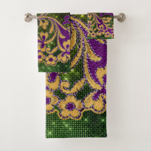 Mardi Gras Embroidery Floral Designer Bath Towel Set