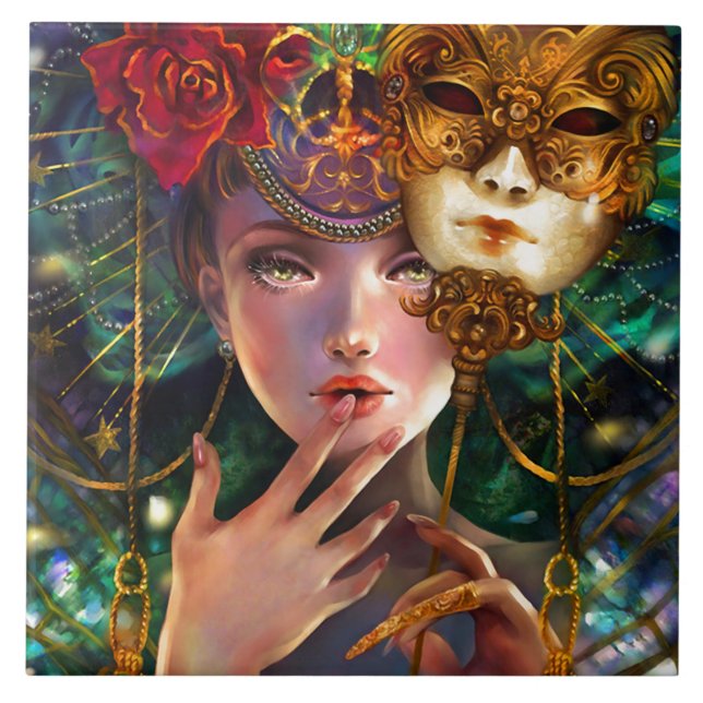 Mardi Gras Fancy Surreal Masquerade Mask Girl Art Tile (Front)