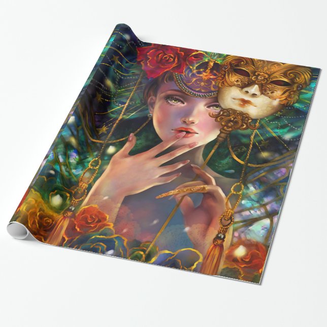 Mardi Gras Fancy Surreal Masquerade Mask Girl Art Wrapping Paper (Unrolled)