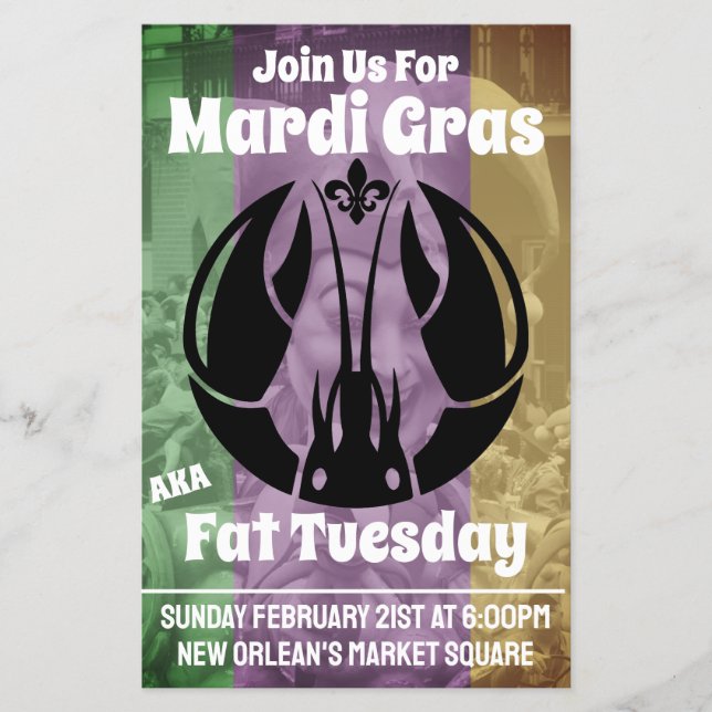 Mardi Gras Fat Tuesday Purple Gold Green Crawfish Flyer (Front)