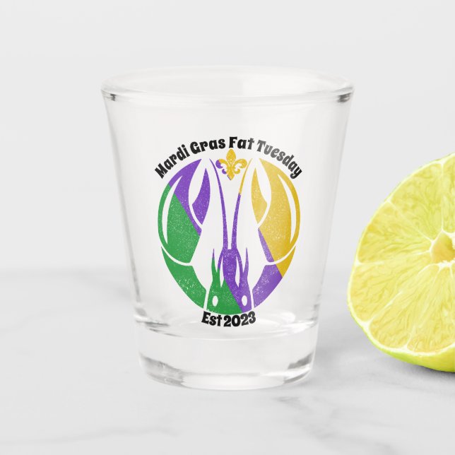 Mardi Gras Fat Tuesday Purple Gold Green Crawfish Shot Glass (Front)