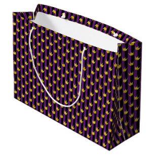 Mardi Gras Faux Gold Crowns Purple Black Stripes Large Gift Bag