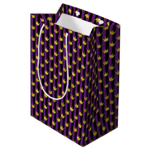 Mardi Gras Faux Gold Crowns Purple Black Stripes Medium Gift Bag