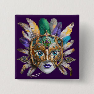 Mardi Gras Feather and Metal Mask 15 Cm Square Badge