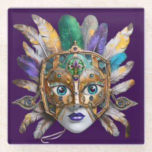 Mardi Gras Feather and Metal Mask Glass Coaster