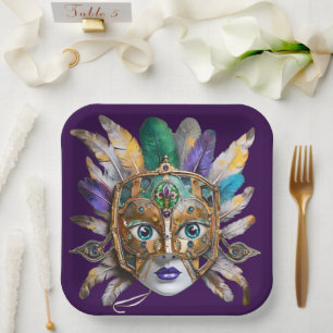 Mardi Gras Feather and Metal Mask Paper Plate