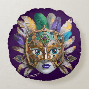Mardi Gras Feather and Metal Mask Round Cushion