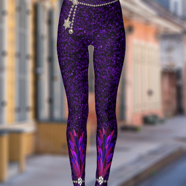 Mardi Gras Feather Pendant Purple Glitter Leggings (Have fun at the Mardi Gras carnival in a pair of these leggings.)