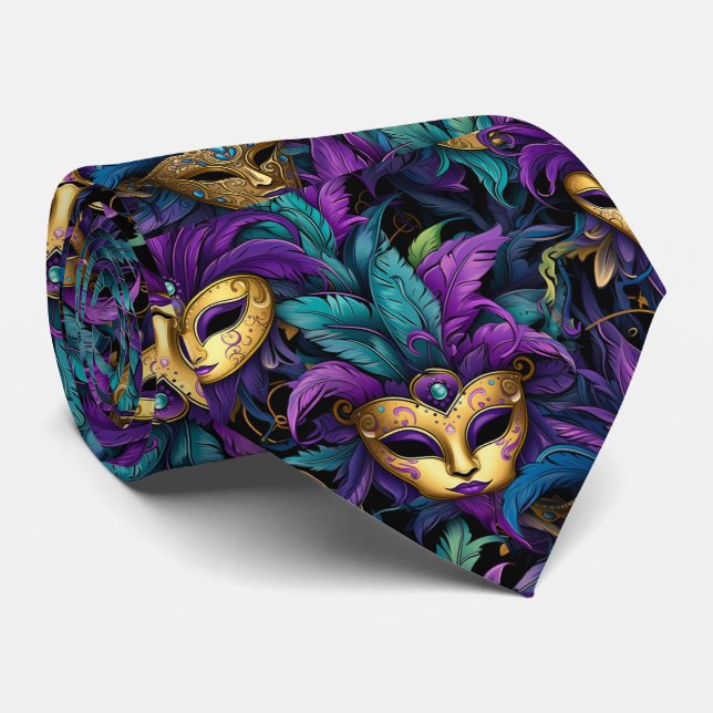 Mardi Gras Feathers And Masks Neck Tie (Rolled)