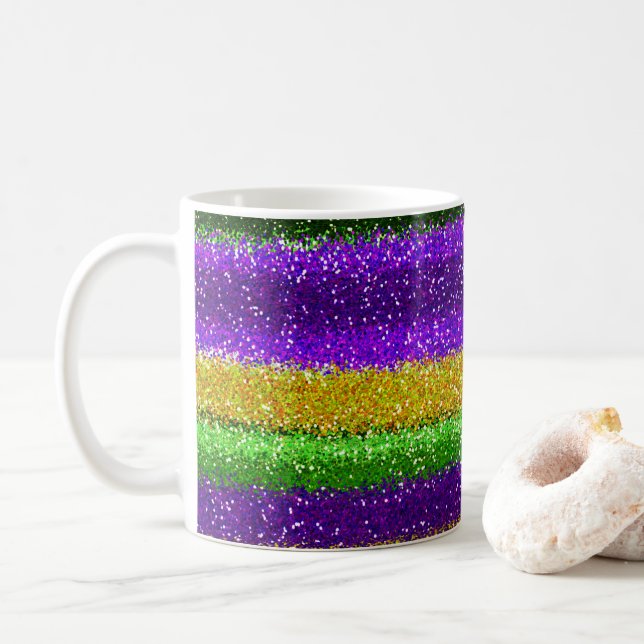 Mardi Gras Fest Deep Purple Yellow Green Glitter Coffee Mug (With Donut)