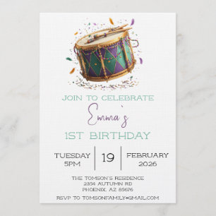 Mardi Gras Festive Drum Birthday Invitation