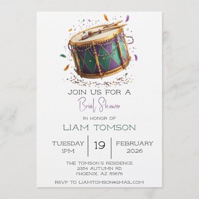 Mardi Gras Festive Drum Brial Shower Invitation (Front)