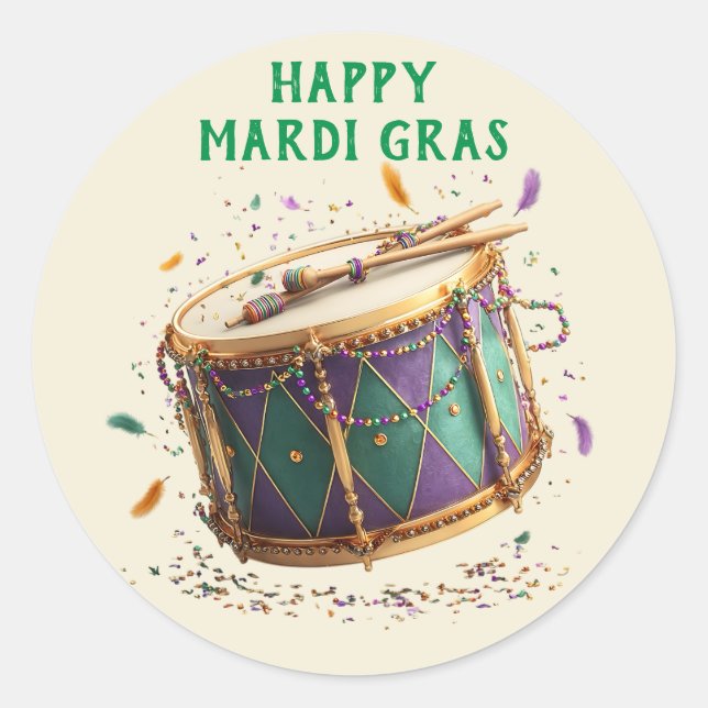 Mardi Gras Festive Drum Classic Round Sticker (Front)