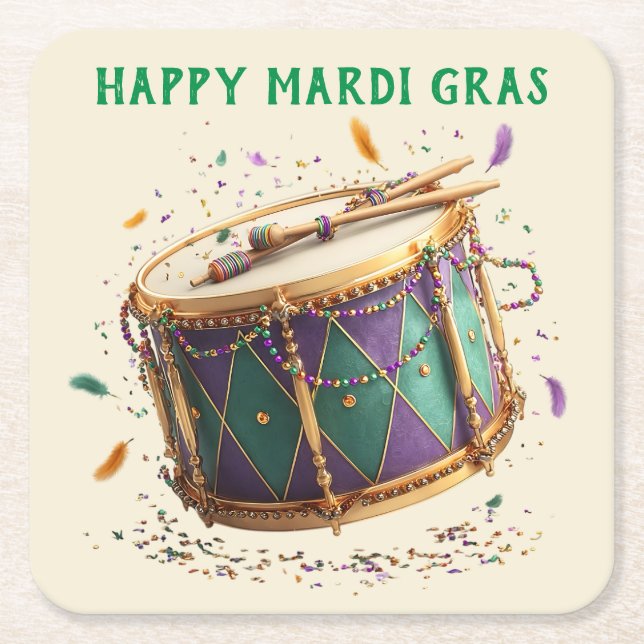Mardi Gras Festive Drum Square Paper Coaster (Front)