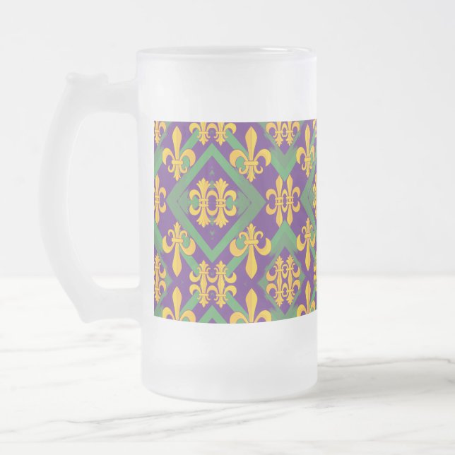 Mardi Gras Fleur de lis Frosted Glass Beer Mug (Left)