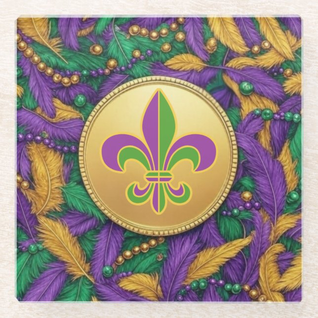 Mardi Gras Fleur de lis Glass Coaster (Front)