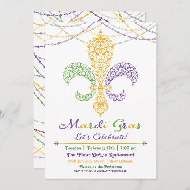 Mardi Gras Fleur DeLis Party Invitation (Front/Back)