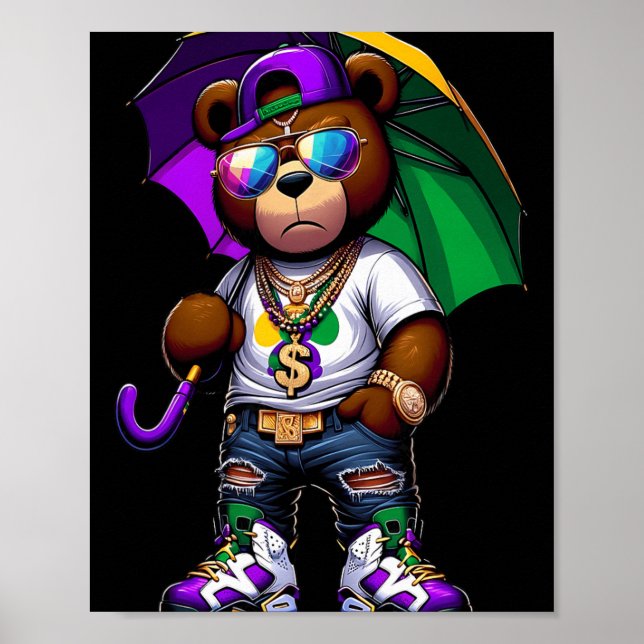 Mardi Gras For Boys Mens Hip Hop Teddy Bear New Or Poster (Front)