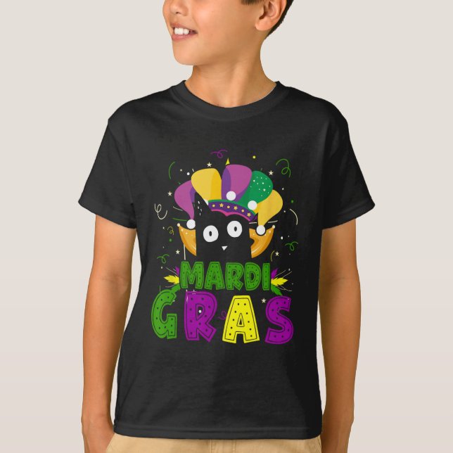 Mardi Gras Funny Black Cat Wearing Clown Cat Mardi T-Shirt (Front)