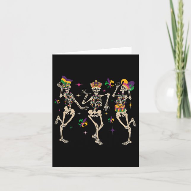 Mardi Gras Funny Skeletons Dancing Carnival Parade Card (Front)