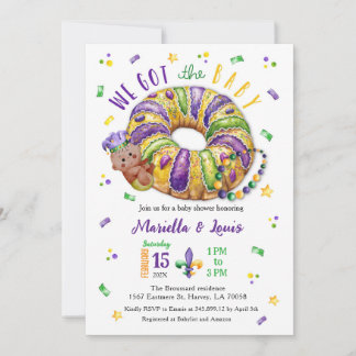 Mardi Gras Gender Reveal King Cake  Invitation