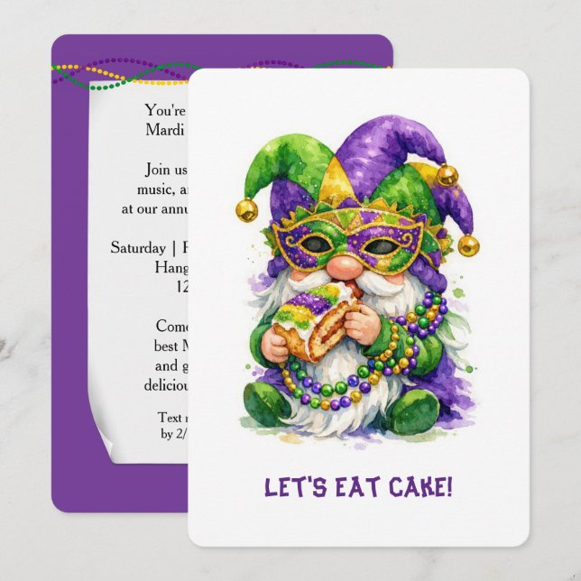 Mardi Gras Gnome Eating King Cake Invitation (Front/Back)