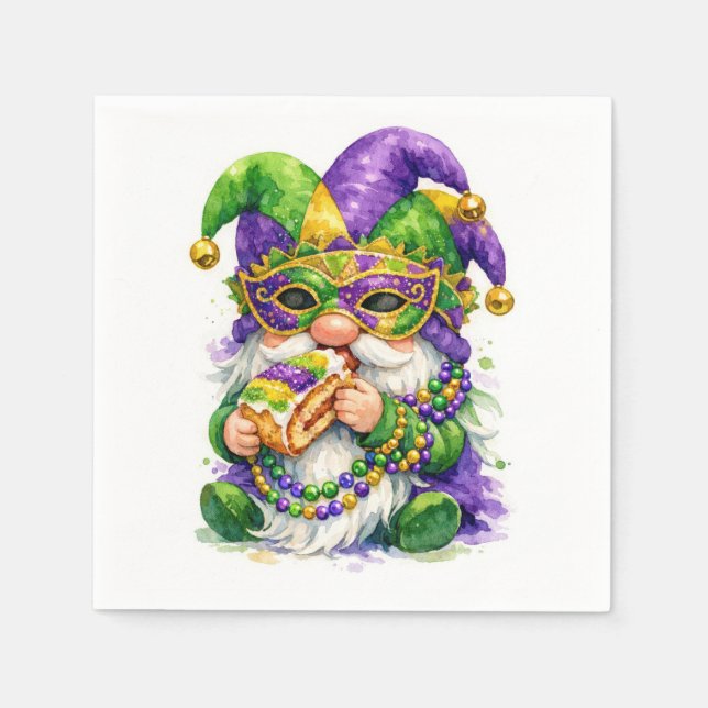 Mardi Gras Gnome Eating King Cake Napkin (Front)