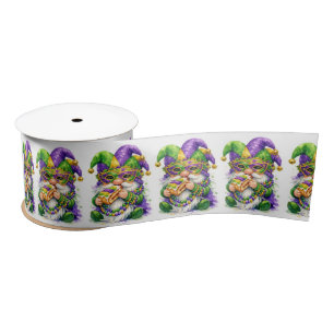 Mardi Gras Gnome Eating King Cake Satin Ribbon