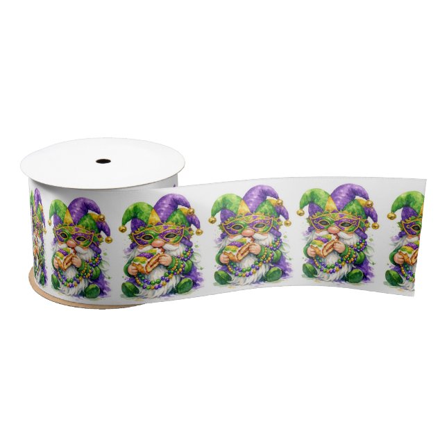 Mardi Gras Gnome Eating King Cake Satin Ribbon (Spool)