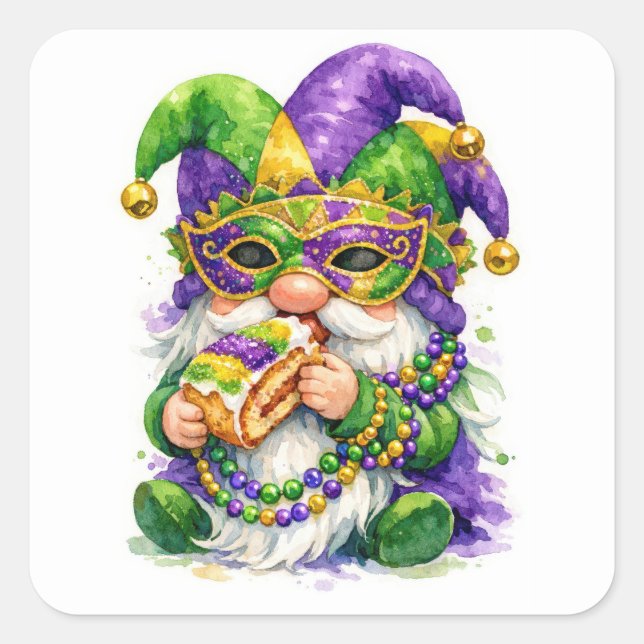 Mardi Gras Gnome Eating King Cake Square Sticker (Front)