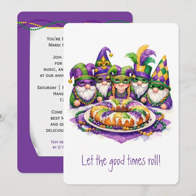 Mardi Gras Gnome with King Cake Invitation (Front/Back)