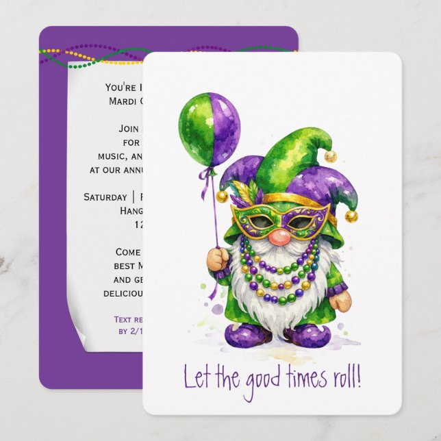 Mardi Gras Gnome with Party Balloon Invitation (Front/Back)