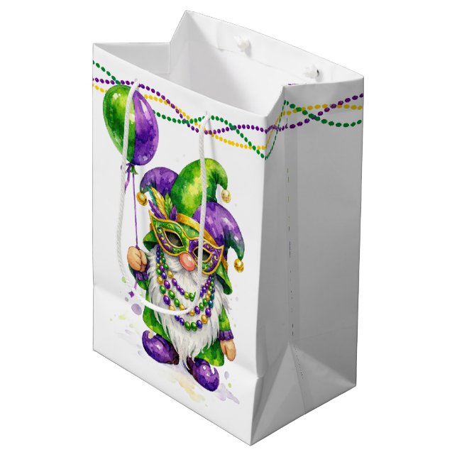 Mardi Gras Gnome With Party Balloon Medium Gift Bag (Front Angled)