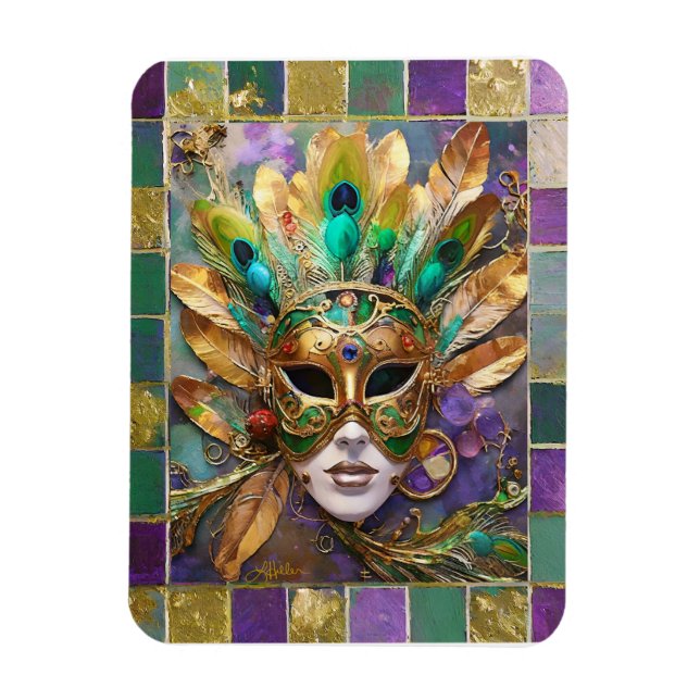 Mardi Gras Gold and Green Peacock Feather Mask Magnet (Vertical)