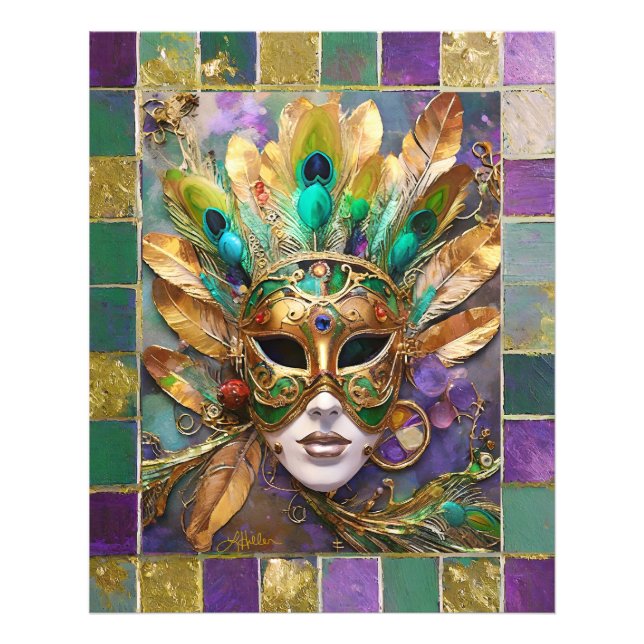 Mardi Gras Gold and Green Peacock Feather Mask Photo Print (Front)