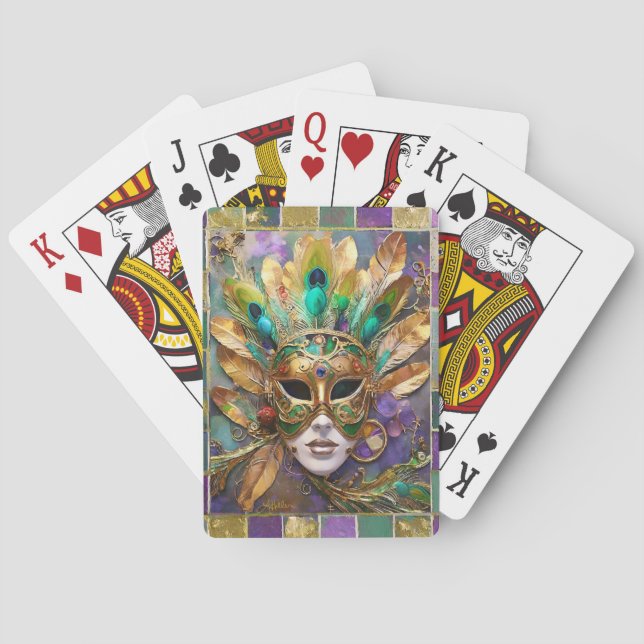Mardi Gras Gold and Green Peacock Feather Mask Playing Cards (Back)