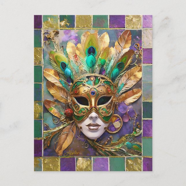 Mardi Gras Gold and Green Peacock Feather Mask Postcard (Front)
