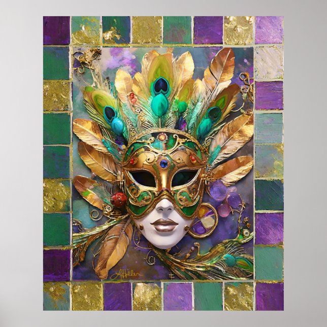 Mardi Gras Gold and Green Peacock Feather Mask Poster (Front)