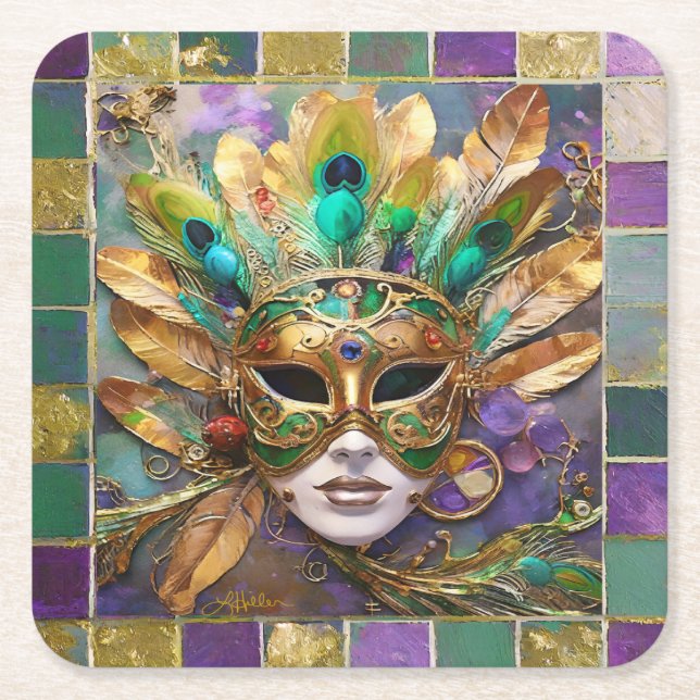 Mardi Gras Gold and Green Peacock Feather Mask Square Paper Coaster (Front)