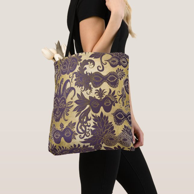 Mardi Gras Gold and Purple Masks Tote Bag (Close Up)