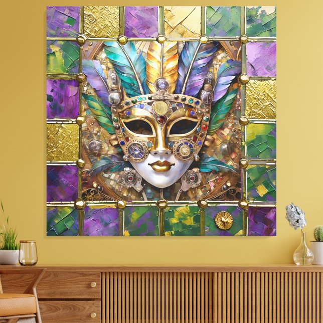 Mardi Gras Gold & Ceramic Colourful Feather Mask Canvas Print (Insitu(LivingRoom))