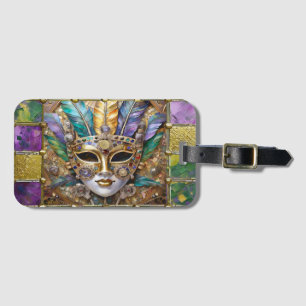 Mardi Gras Gold & Ceramic Colourful Feather Mask Luggage Tag