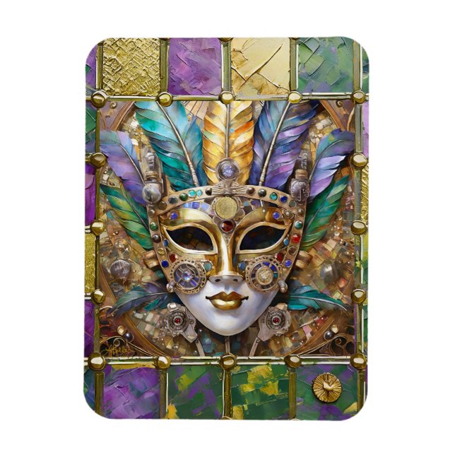 Mardi Gras Gold & Ceramic Colourful Feather Mask Magnet (Vertical)