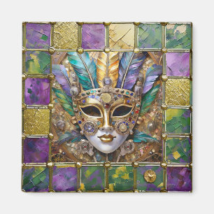 Mardi Gras Gold & Ceramic Colourful Feather Mask Magnet