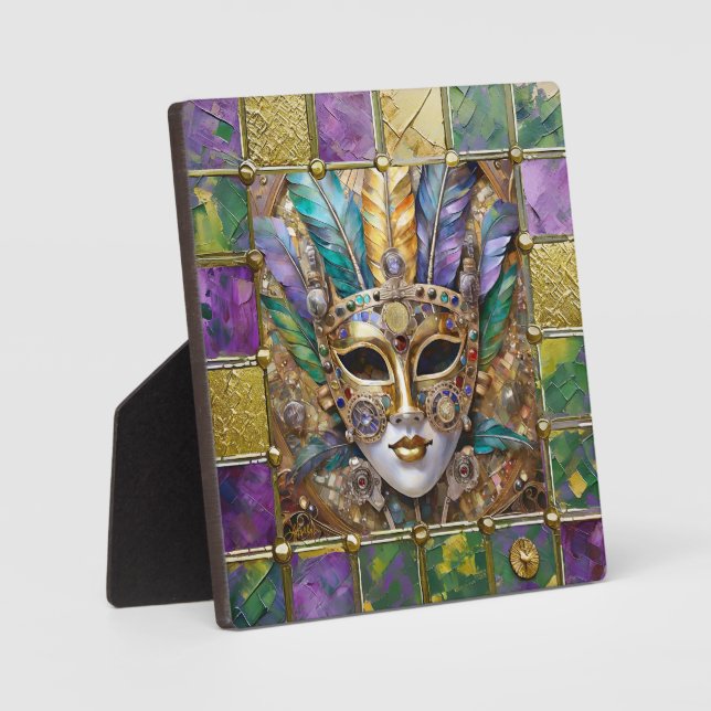 Mardi Gras Gold & Ceramic Colourful Feather Mask Plaque (Front)
