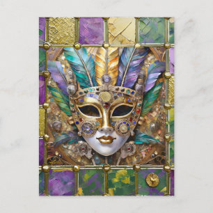 Mardi Gras Gold & Ceramic Colourful Feather Mask Postcard