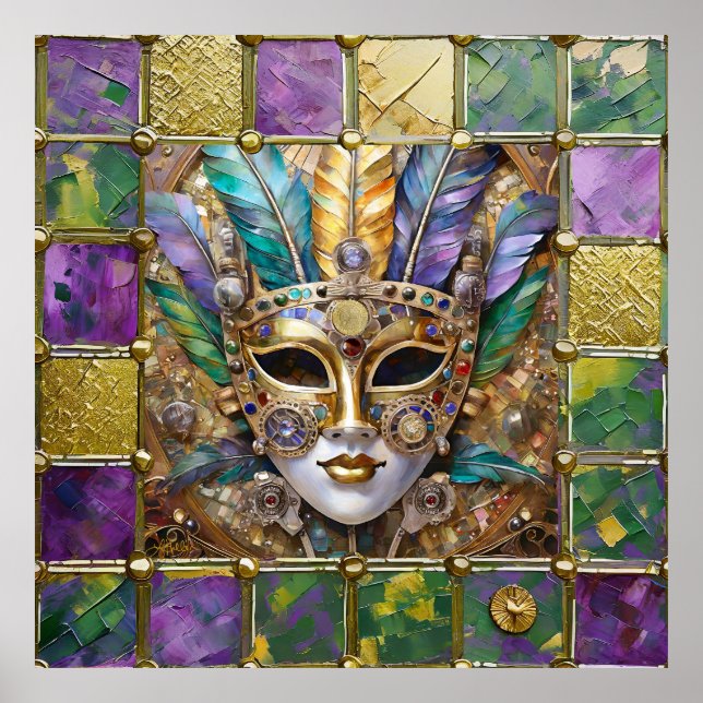 Mardi Gras Gold & Ceramic Colourful Feather Mask Poster (Front)