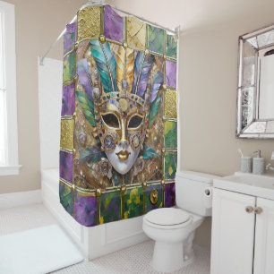 Mardi Gras Gold & Ceramic Colourful Feather Mask Shower Curtain